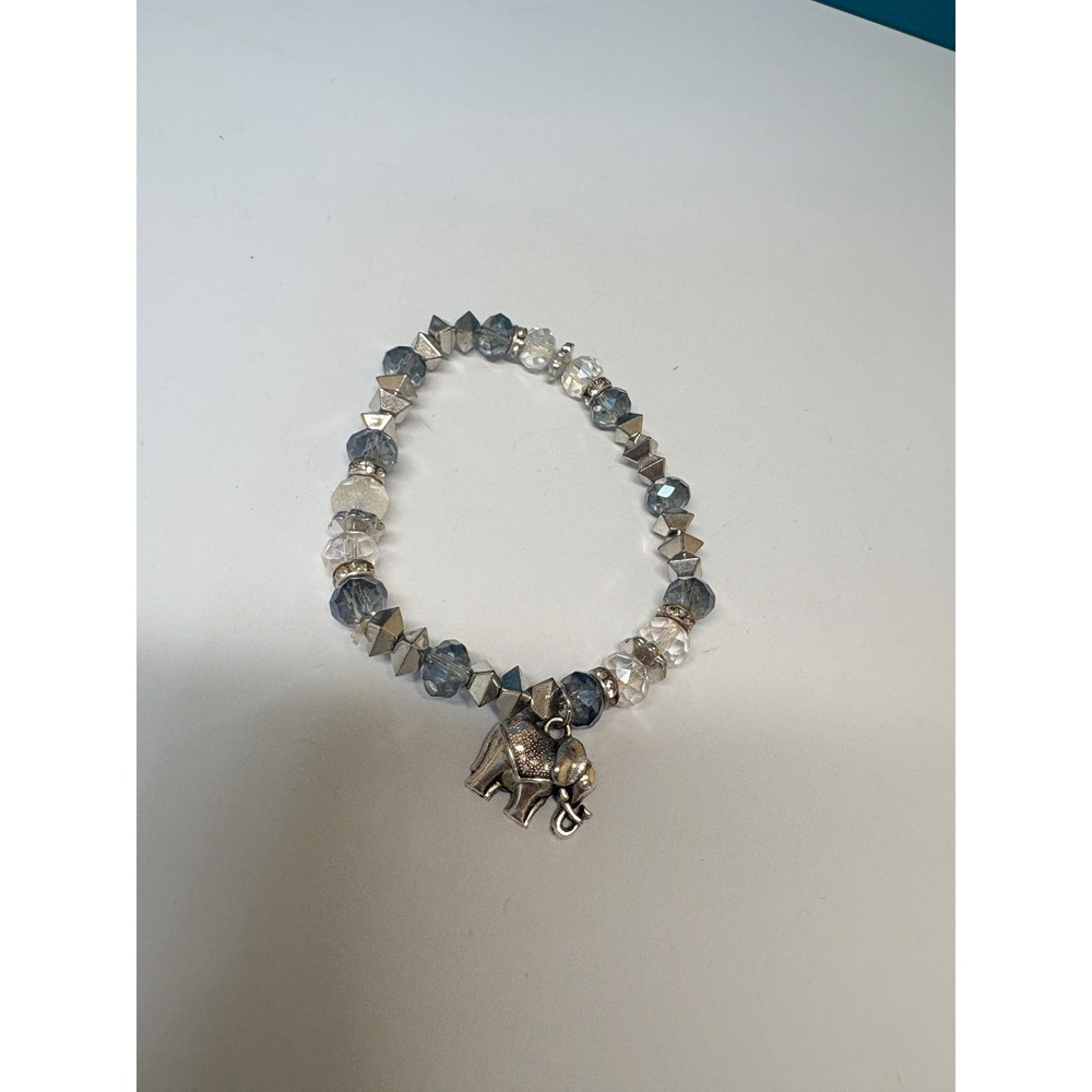 Silver Elephant Charm Beaded Stretch Bracelet Blue Clear Crystal Geometric Glass
